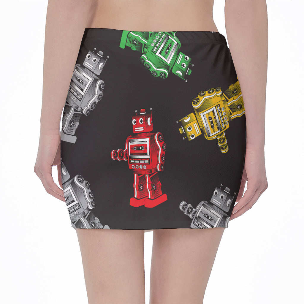 Vintage Robot Pattern Print Pencil Mini Skirt