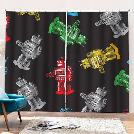 Vintage Robot Pattern Print Pencil Pleat Curtains