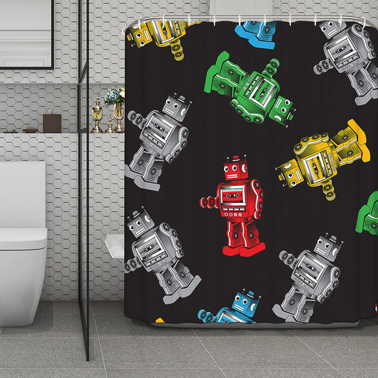 Vintage Robot Pattern Print Polyester Shower Curtain