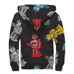 Vintage Robot Pattern Print Sherpa Lined Zip Up Hoodie