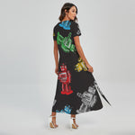 Vintage Robot Pattern Print Short Sleeve Maxi Dress
