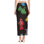 Vintage Robot Pattern Print Side Slit Maxi Skirt