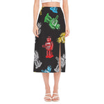 Vintage Robot Pattern Print Side Slit Midi Skirt
