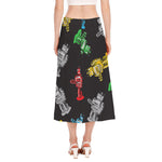 Vintage Robot Pattern Print Side Slit Midi Skirt