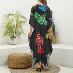 Vintage Robot Pattern Print Silk V-Neck Kaftan Dress