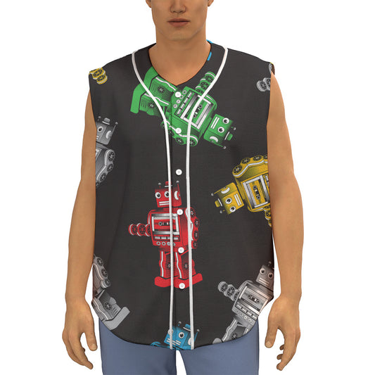 Vintage Robot Pattern Print Sleeveless Baseball Jersey