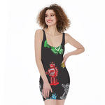 Vintage Robot Pattern Print Sleeveless Bodycon Dress