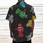 Vintage Robot Pattern Print Textured Short Sleeve Shirt