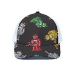 Vintage Robot Pattern Print White Mesh Trucker Cap