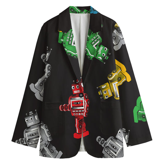 Vintage Robot Pattern Print Women's Cotton Blazer
