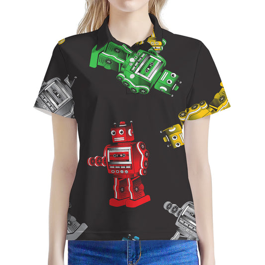 Vintage Robot Pattern Print Women's Polo Shirt