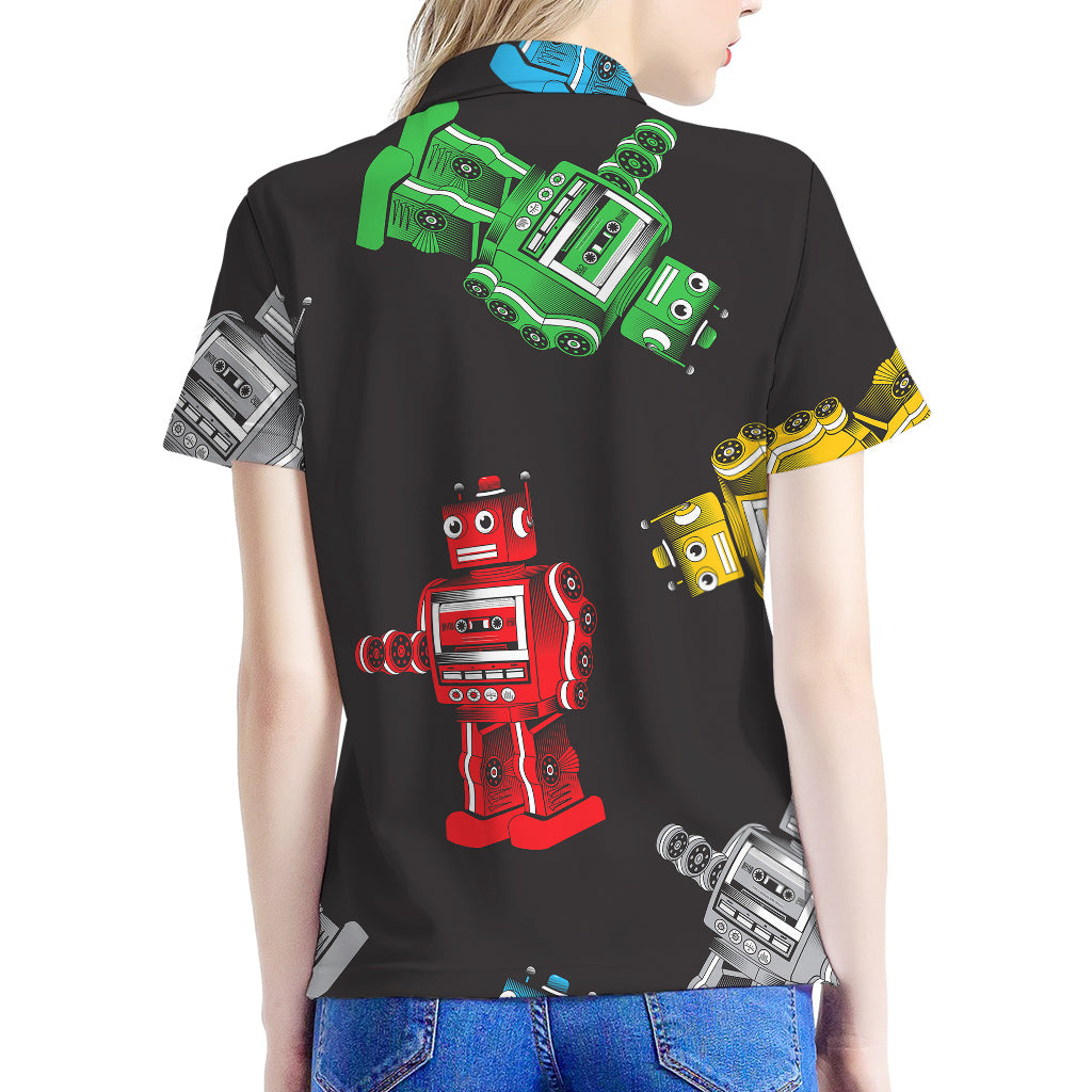 Vintage Robot Pattern Print Women's Polo Shirt