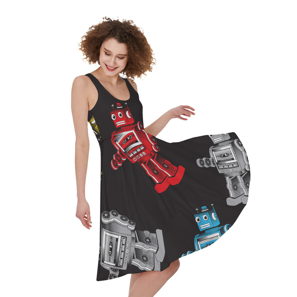 Vintage Robot Pattern Print Women's Sleeveless Dress