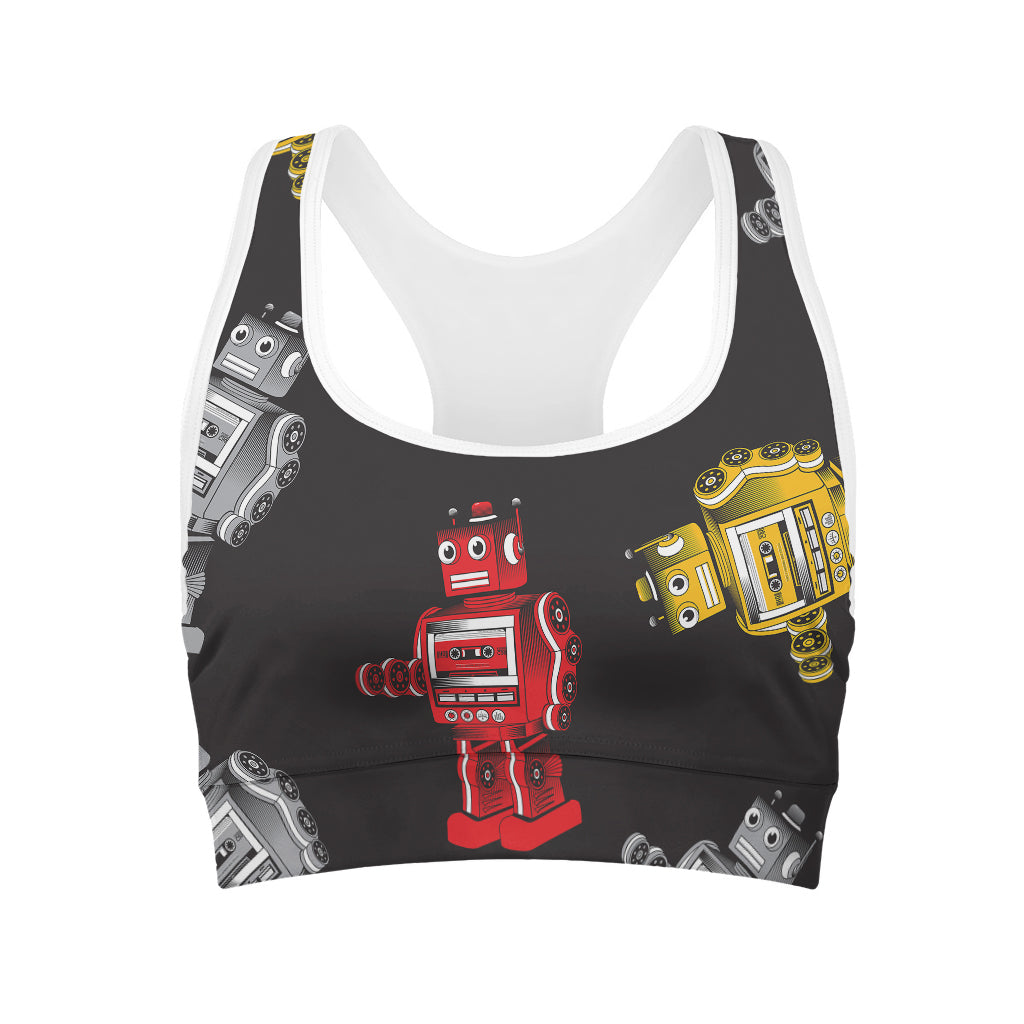 Vintage Robot Pattern Print Women's Sports Bra