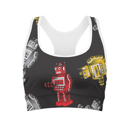 Vintage Robot Pattern Print Women's Sports Bra