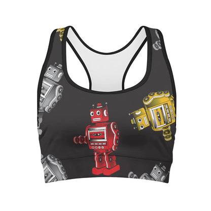 Vintage Robot Pattern Print Women's Sports Bra