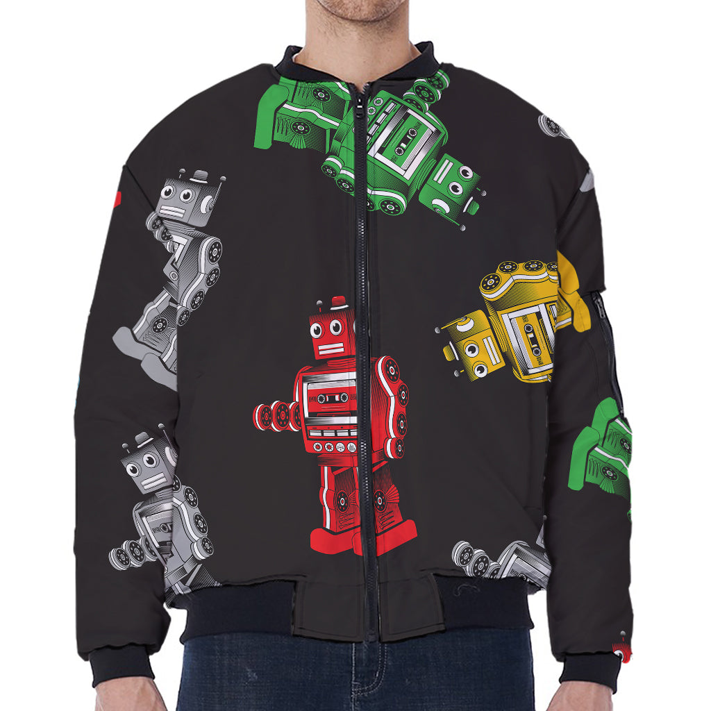 Vintage Robot Pattern Print Zip Sleeve Bomber Jacket