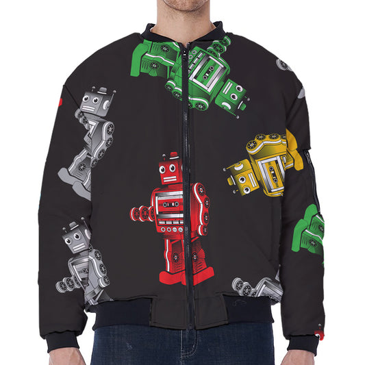 Vintage Robot Pattern Print Zip Sleeve Bomber Jacket