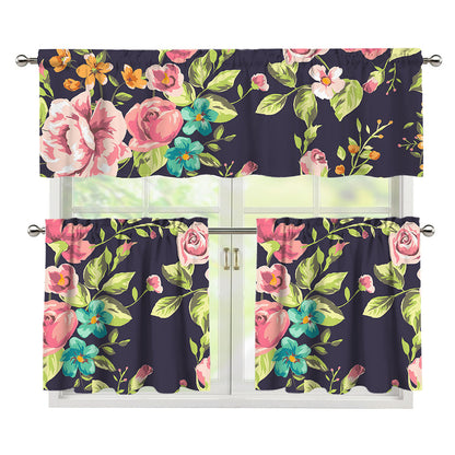 Vintage Rose Floral Flower Pattern Print 3 Piece Kitchen Curtains