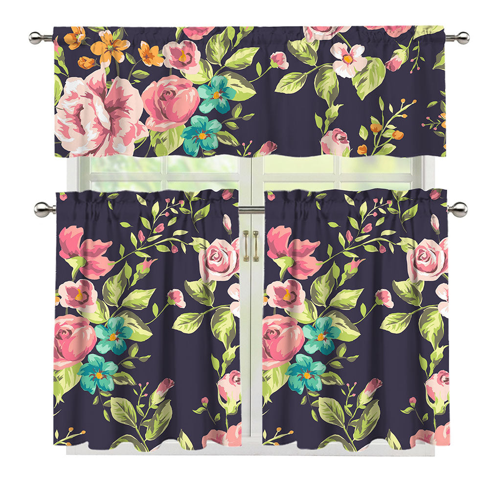 Vintage Rose Floral Flower Pattern Print 3 Piece Kitchen Curtains