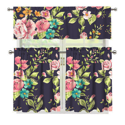 Vintage Rose Floral Flower Pattern Print 3 Piece Kitchen Curtains