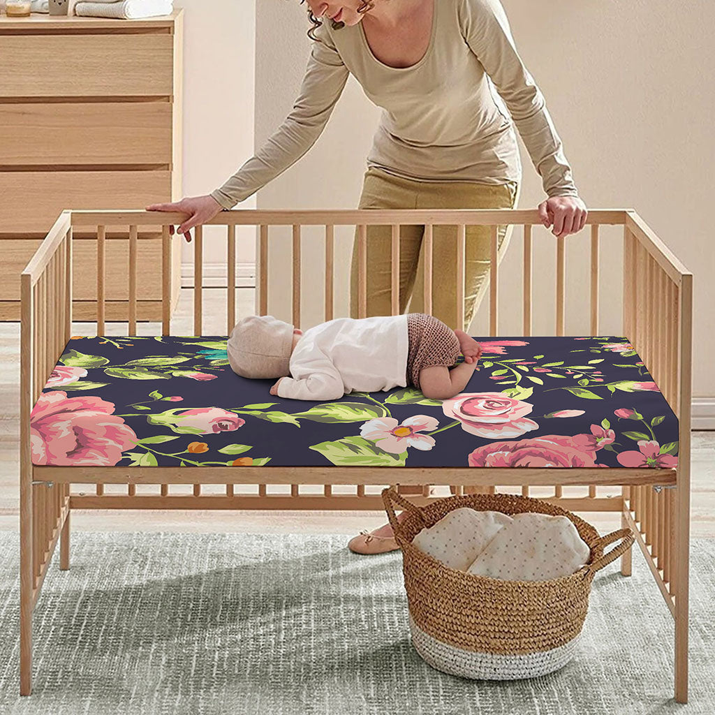 Vintage Rose Floral Flower Pattern Print Baby Crib Sheet