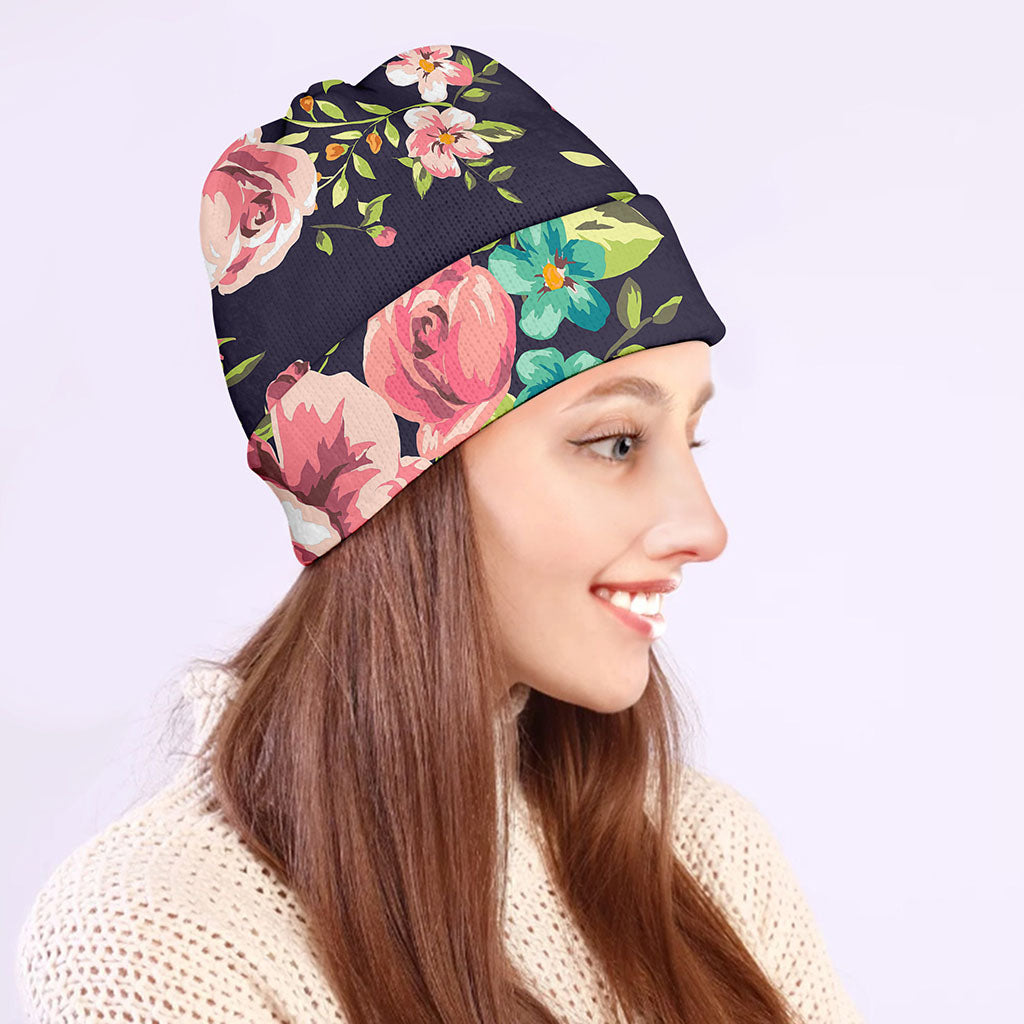 Vintage Rose Floral Flower Pattern Print Beanie