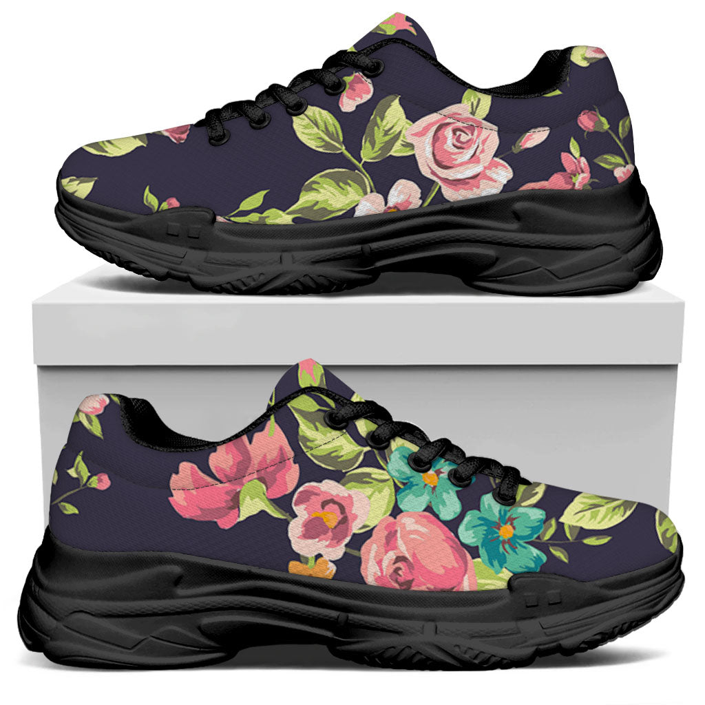 Vintage Rose Floral Flower Pattern Print Black Chunky Shoes