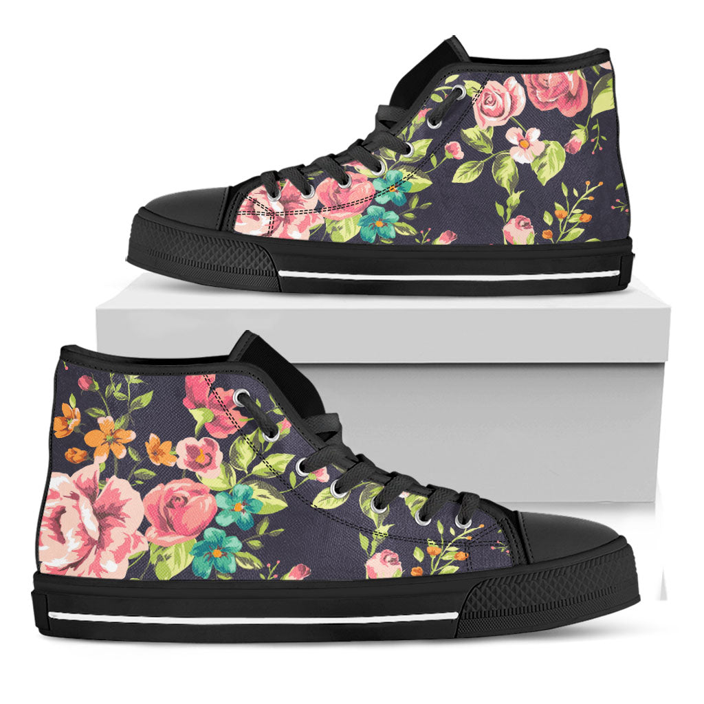 Vintage Rose Floral Flower Pattern Print Black High Top Sneakers