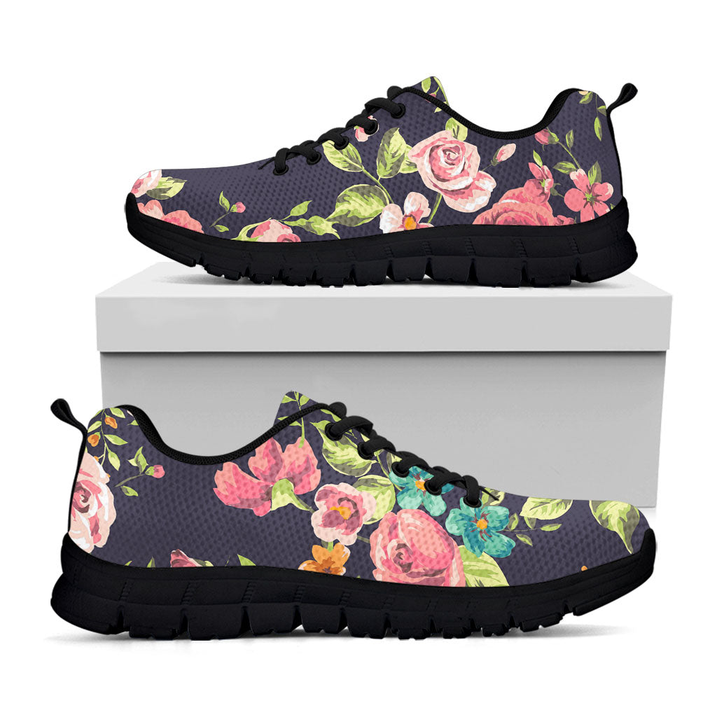 Vintage Rose Floral Flower Pattern Print Black Running Shoes