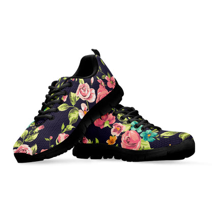 Vintage Rose Floral Flower Pattern Print Black Running Shoes