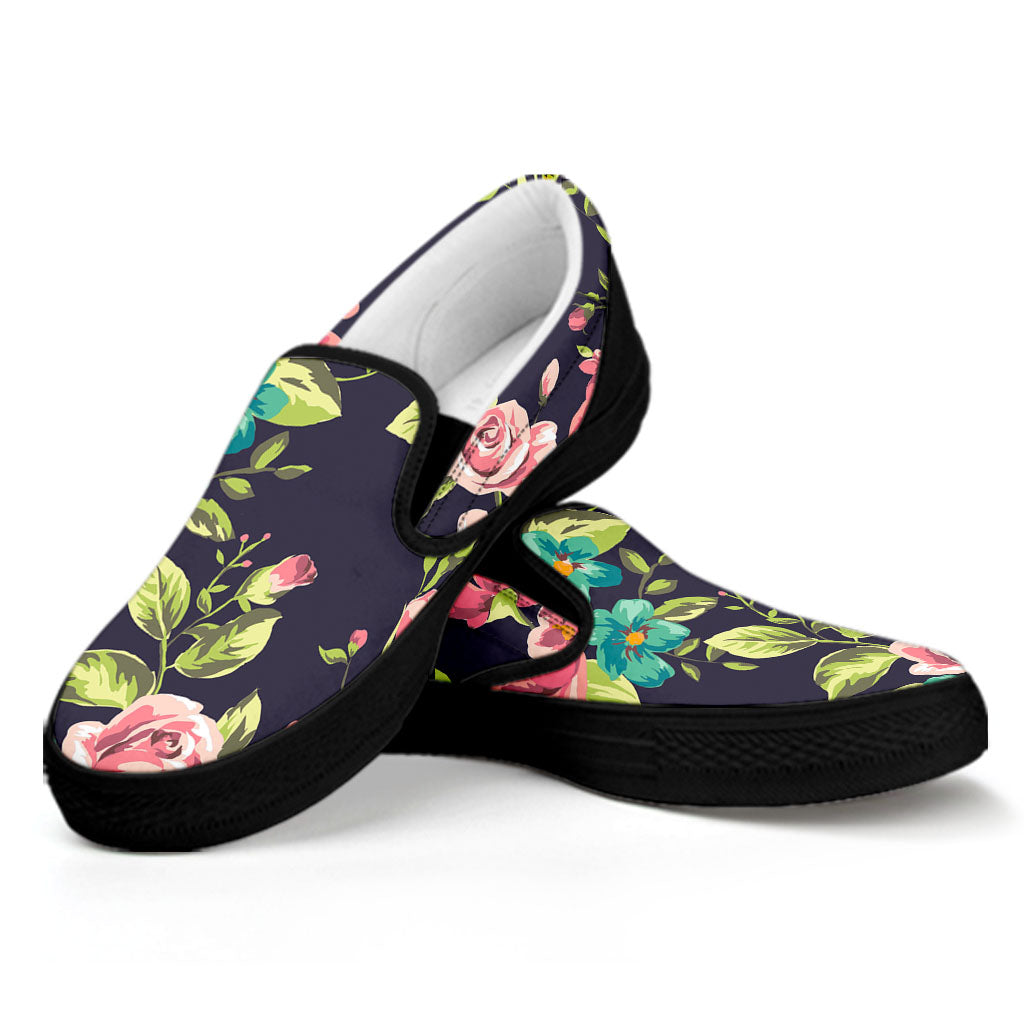 Vintage Rose Floral Flower Pattern Print Black Slip On Sneakers