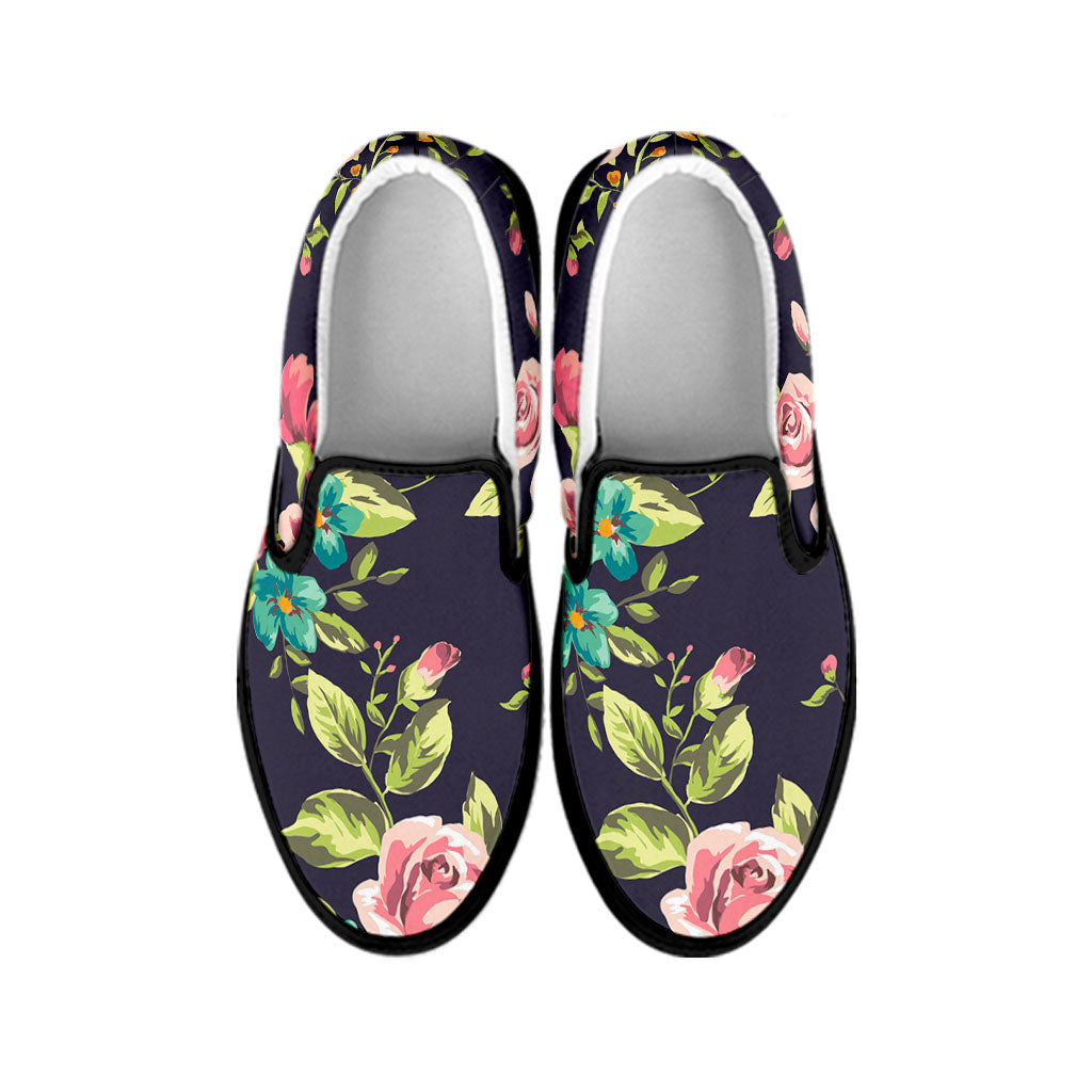 Vintage Rose Floral Flower Pattern Print Black Slip On Sneakers