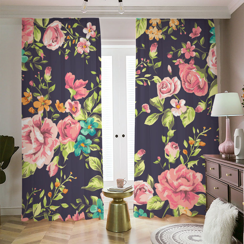 Vintage Rose Floral Flower Pattern Print Blackout Pencil Pleat Curtains