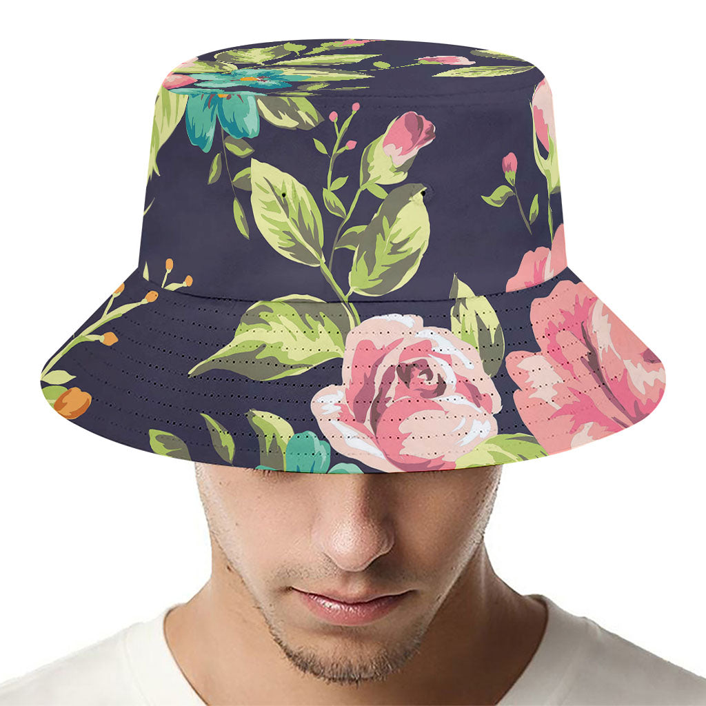 Vintage Rose Floral Flower Pattern Print Bucket Hat
