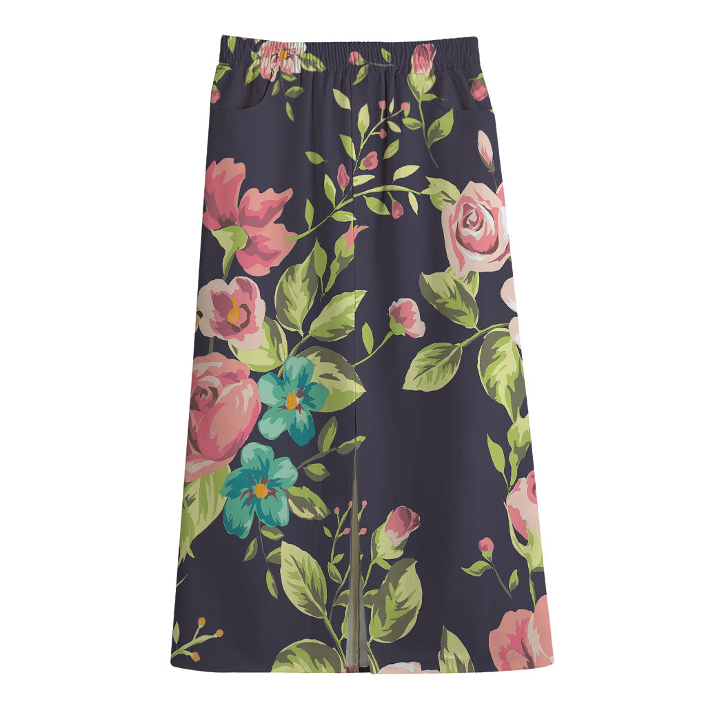Vintage Rose Floral Flower Pattern Print Cotton Front Slit Maxi Skirt