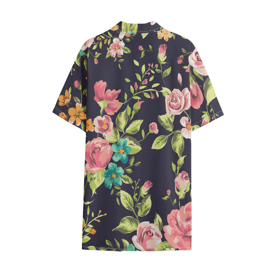 Vintage Rose Floral Flower Pattern Print Cotton Hawaiian Shirt