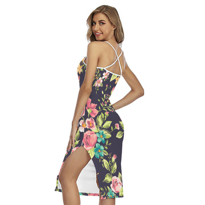 Vintage Rose Floral Flower Pattern Print Cross Back Cami Dress