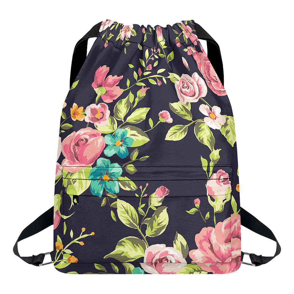 Vintage Rose Floral Flower Pattern Print Drawstring Backpack