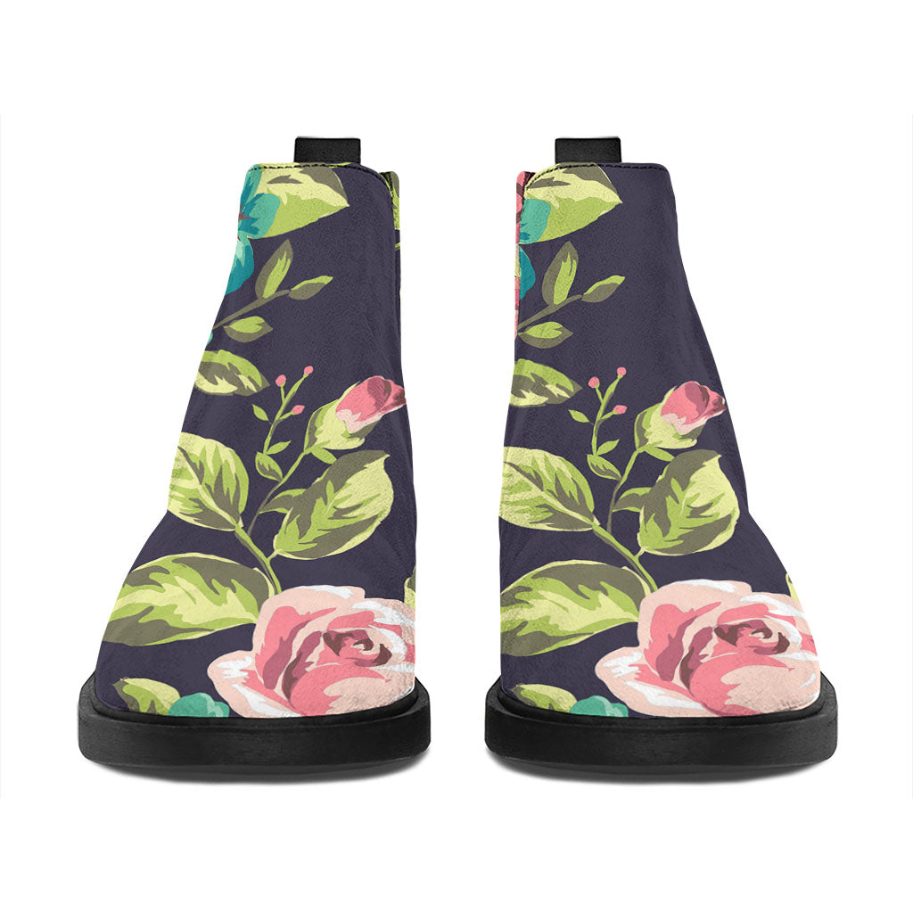 Vintage Rose Floral Flower Pattern Print Flat Ankle Boots