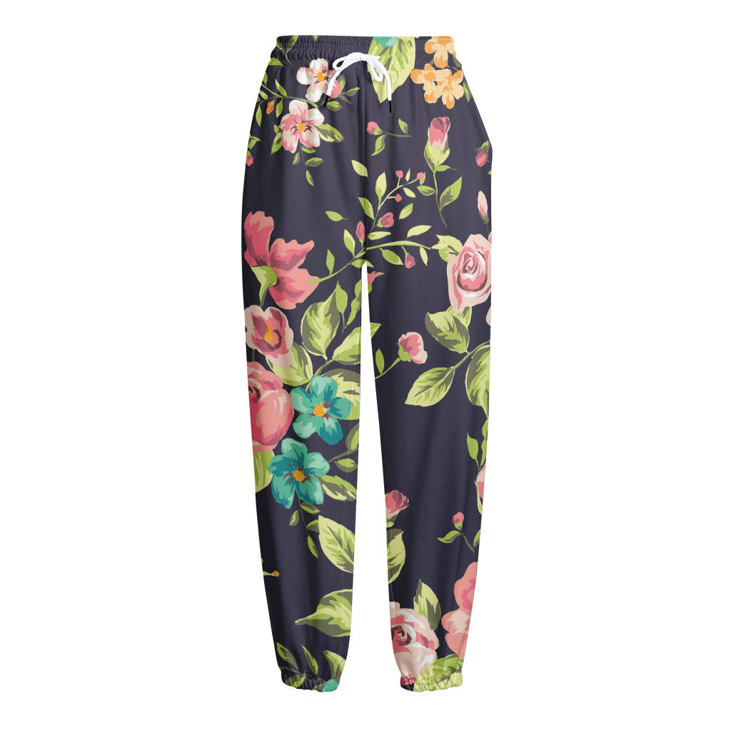 Vintage Rose Floral Flower Pattern Print Fleece Lined Knit Pants
