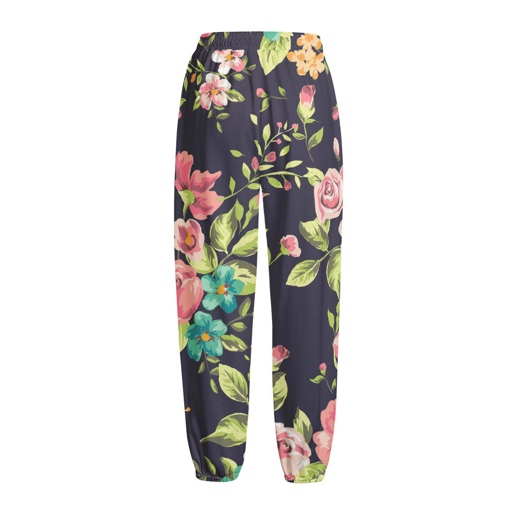 Vintage Rose Floral Flower Pattern Print Fleece Lined Knit Pants