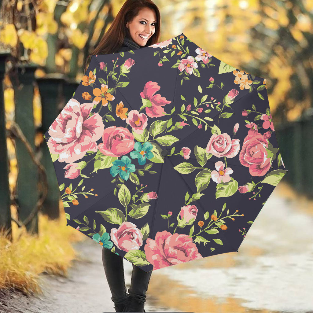 Vintage Rose Floral Flower Pattern Print Foldable Umbrella