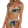 Vintage Rose Floral Flower Pattern Print Front Bow Tie Bikini
