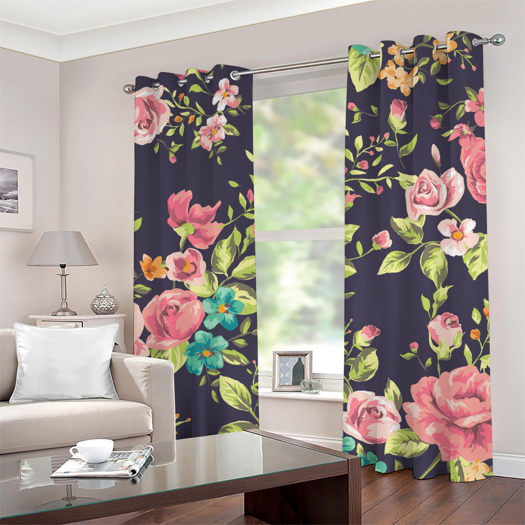 Vintage Rose Floral Flower Pattern Print Grommet Curtains