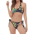 Vintage Rose Floral Flower Pattern Print Halter Scoop Tie Side Bikini