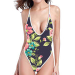 Vintage Rose Floral Flower Pattern Print High Cut One Piece Swimsuit