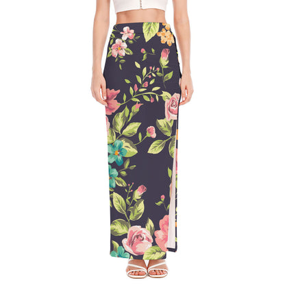 Vintage Rose Floral Flower Pattern Print High Slit Maxi Skirt