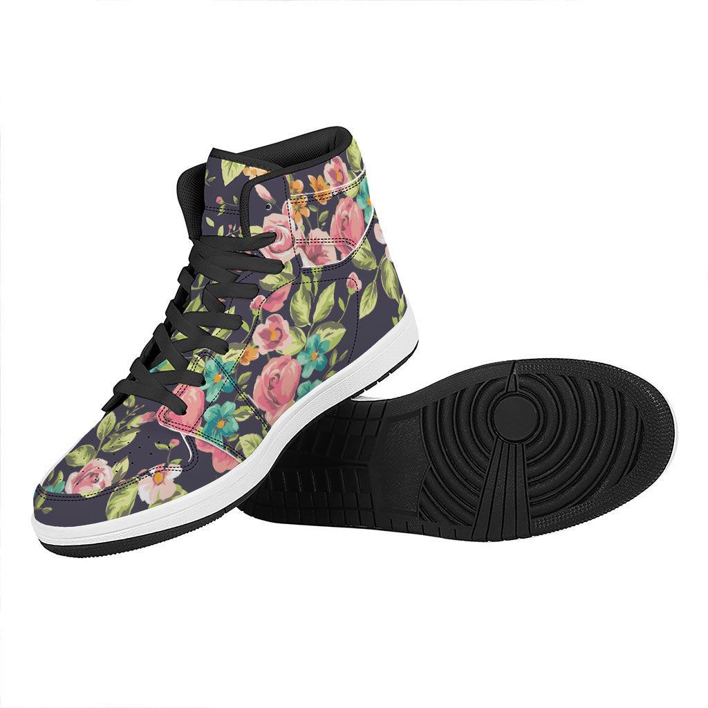 Vintage Rose Floral Flower Pattern Print High Top Leather Sneakers