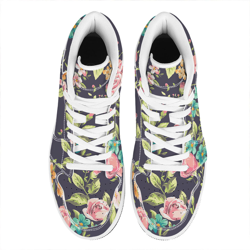 Vintage Rose Floral Flower Pattern Print High Top Leather Sneakers